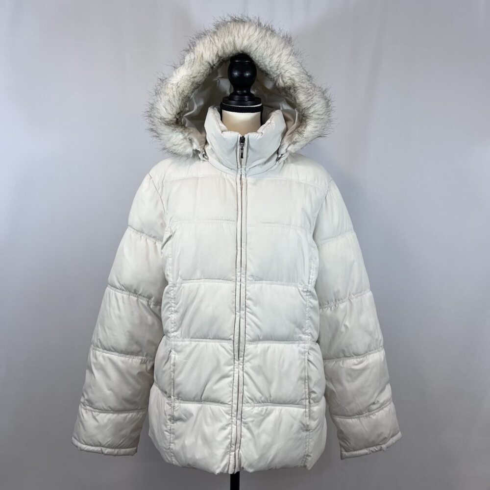 Apt 9 puffer coat removable faux fur hood polyester cream womens sz L